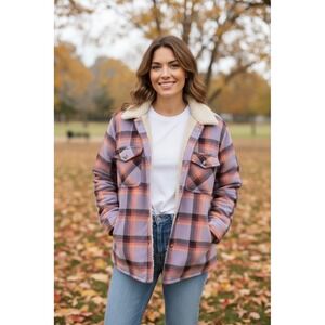 Womens Plaid Sherpa Lined Shirt Jacket Button Up Long Sleeve Purple Pink